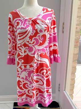 Barbara Gerwit Engineered Red, Pink & White Round Neck Dress